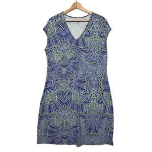 Title Nine Dream Knit Dress Sz XL Geometric Short Sleeves Zip Pocket Blue Purple